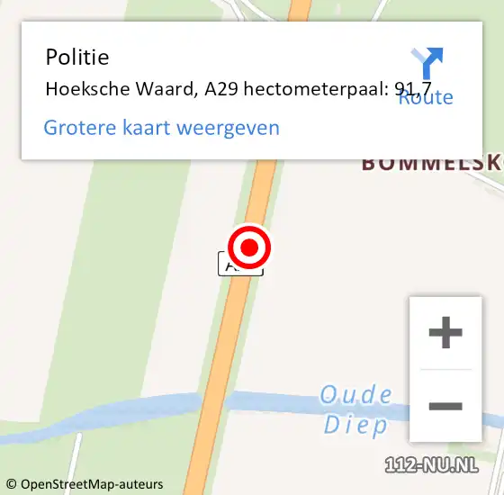 Locatie op kaart van de 112 melding: Politie Hoeksche Waard, A29 hectometerpaal: 91,7 op 23 januari 2023 15:05