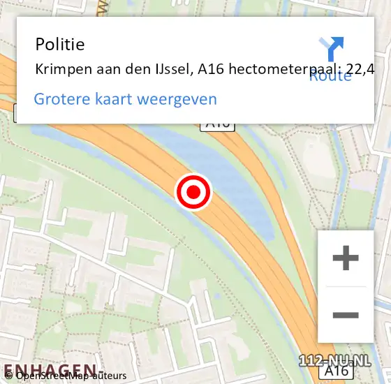 Locatie op kaart van de 112 melding: Politie Krimpen aan den IJssel, A16 hectometerpaal: 22,4 op 23 januari 2023 16:59