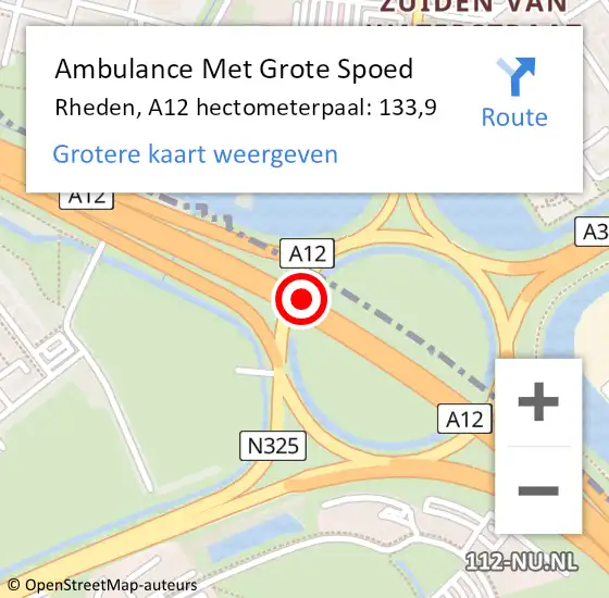 Locatie op kaart van de 112 melding: Ambulance Met Grote Spoed Naar Rheden, A12 hectometerpaal: 133,9 op 23 januari 2023 19:27