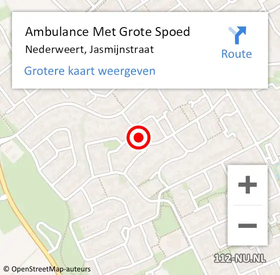 Locatie op kaart van de 112 melding: Ambulance Met Grote Spoed Naar Nederweert, Jasmijnstraat op 24 januari 2023 06:42