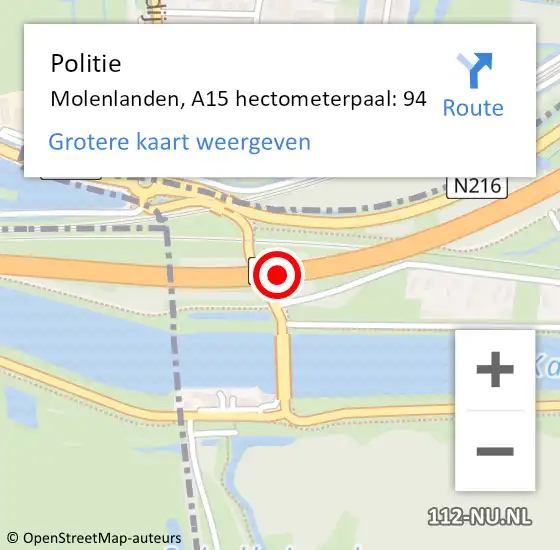 Locatie op kaart van de 112 melding: Politie Molenlanden, A15 hectometerpaal: 94 op 24 januari 2023 07:29