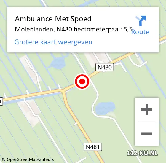 Locatie op kaart van de 112 melding: Ambulance Met Spoed Naar Molenlanden, N480 hectometerpaal: 5,5 op 24 januari 2023 07:37