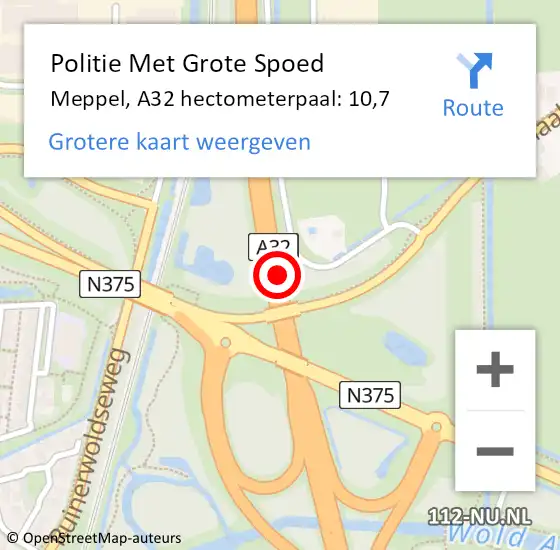 Locatie op kaart van de 112 melding: Politie Met Grote Spoed Naar Meppel, A32 hectometerpaal: 10,7 op 24 januari 2023 07:58