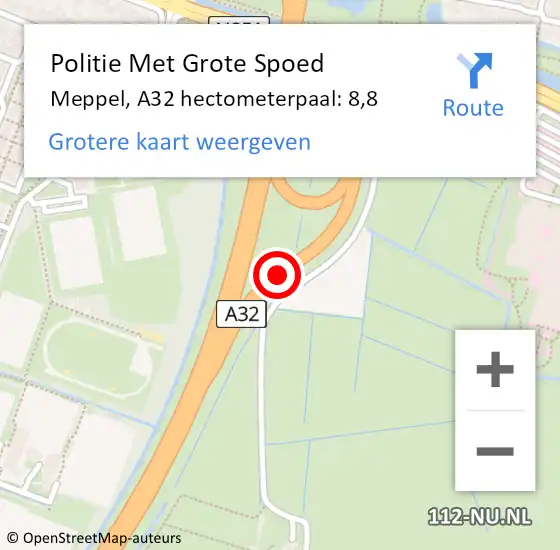 Locatie op kaart van de 112 melding: Politie Met Grote Spoed Naar Meppel, A32 hectometerpaal: 8,8 op 24 januari 2023 08:00