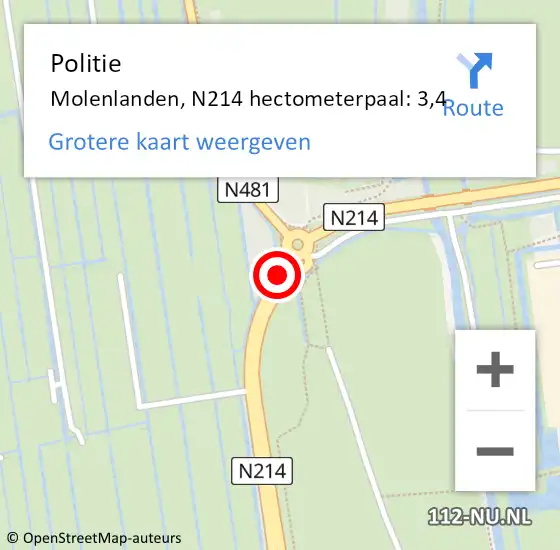 Locatie op kaart van de 112 melding: Politie Molenlanden, N214 hectometerpaal: 3,4 op 24 januari 2023 08:16