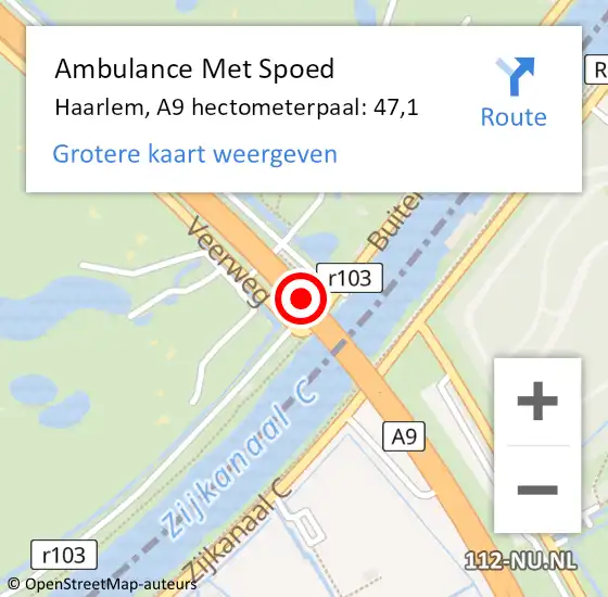 Locatie op kaart van de 112 melding: Ambulance Met Spoed Naar Haarlem, A9 hectometerpaal: 47,1 op 24 januari 2023 15:36