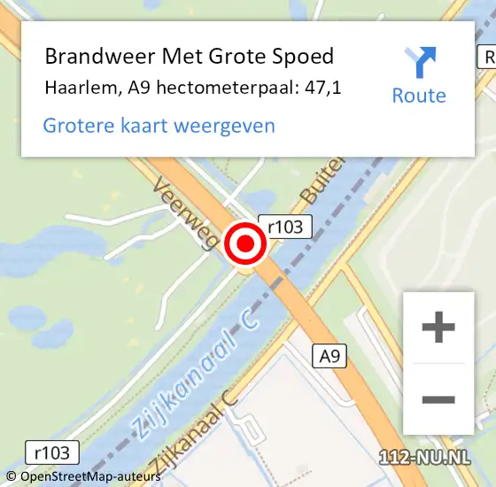 Locatie op kaart van de 112 melding: Brandweer Met Grote Spoed Naar Haarlem, A9 hectometerpaal: 47,1 op 24 januari 2023 15:47