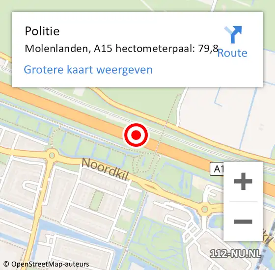 Locatie op kaart van de 112 melding: Politie Molenlanden, A15 hectometerpaal: 79,8 op 24 januari 2023 15:54
