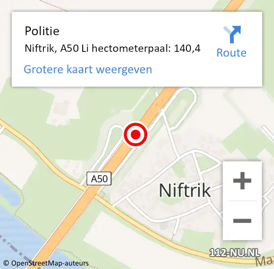 Locatie op kaart van de 112 melding: Politie Wijchen, A50 hectometerpaal: 140,5 op 24 januari 2023 16:20