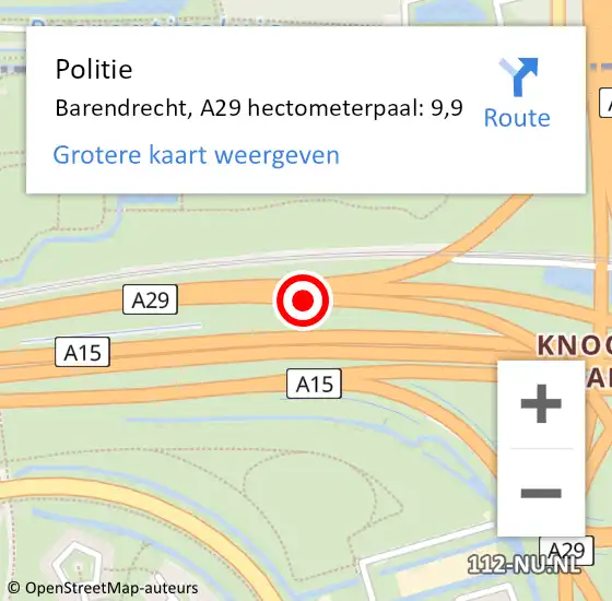 Locatie op kaart van de 112 melding: Politie Barendrecht, A29 hectometerpaal: 9,9 op 24 januari 2023 16:32