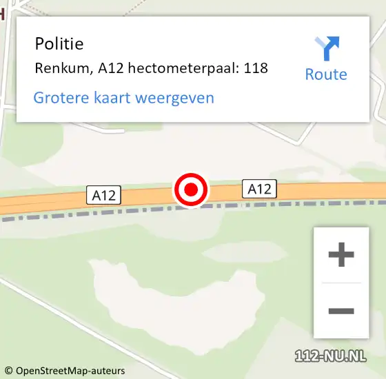 Locatie op kaart van de 112 melding: Politie Renkum, A12 hectometerpaal: 118 op 24 januari 2023 16:51