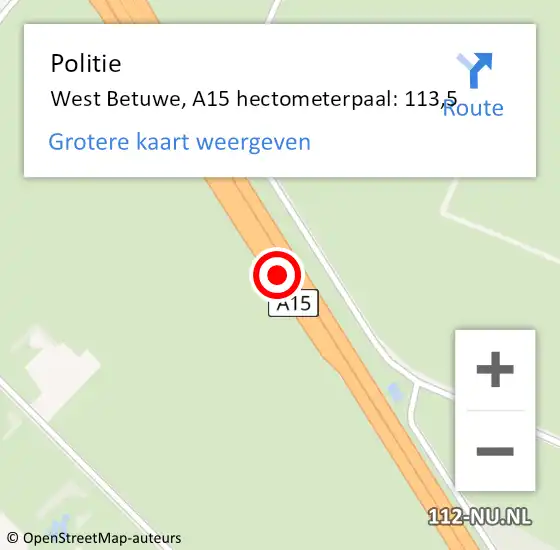 Locatie op kaart van de 112 melding: Politie West Betuwe, A15 hectometerpaal: 113,5 op 24 januari 2023 17:02