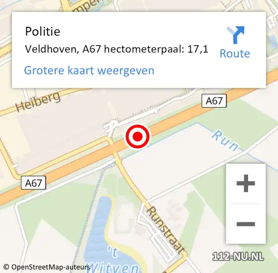 Locatie op kaart van de 112 melding: Politie Veldhoven, A67 hectometerpaal: 17,1 op 24 januari 2023 17:03