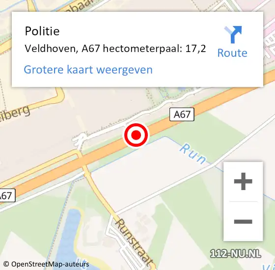 Locatie op kaart van de 112 melding: Politie Veldhoven, A67 hectometerpaal: 17,2 op 24 januari 2023 17:07