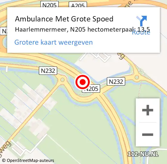 Locatie op kaart van de 112 melding: Ambulance Met Grote Spoed Naar Haarlemmermeer, N205 hectometerpaal: 13,5 op 24 januari 2023 17:15