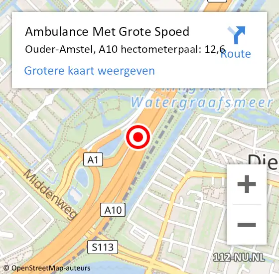 Locatie op kaart van de 112 melding: Ambulance Met Grote Spoed Naar Ouder-Amstel, A10 hectometerpaal: 12,6 op 24 januari 2023 18:51