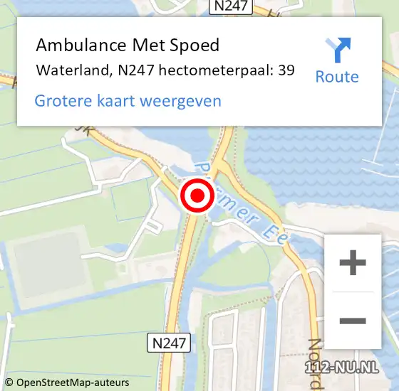 Locatie op kaart van de 112 melding: Ambulance Met Spoed Naar Waterland, N247 hectometerpaal: 39 op 24 januari 2023 21:08