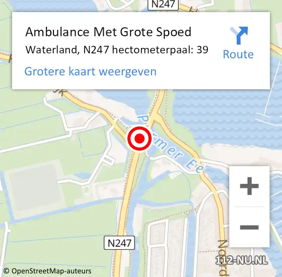 Locatie op kaart van de 112 melding: Ambulance Met Grote Spoed Naar Waterland, N247 hectometerpaal: 39 op 24 januari 2023 21:11