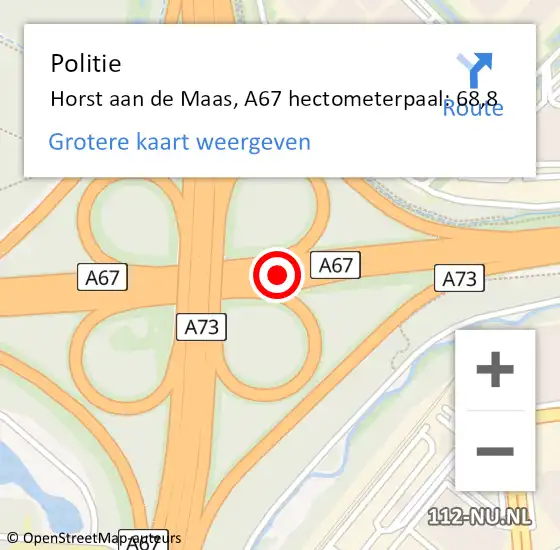 Locatie op kaart van de 112 melding: Politie Horst aan de Maas, A67 hectometerpaal: 68,8 op 24 januari 2023 22:19