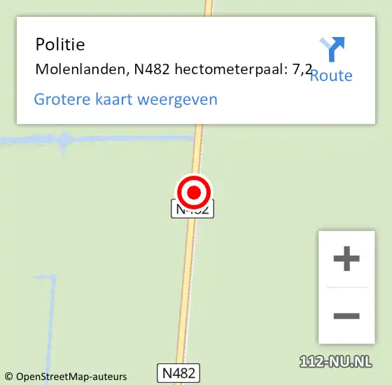 Locatie op kaart van de 112 melding: Politie Molenlanden, N482 hectometerpaal: 7,2 op 25 januari 2023 00:22