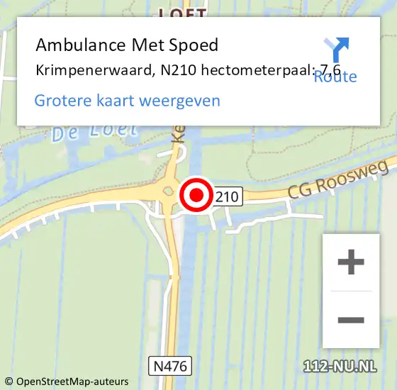 Locatie op kaart van de 112 melding: Ambulance Met Spoed Naar Krimpenerwaard, N210 hectometerpaal: 7,6 op 25 januari 2023 04:25