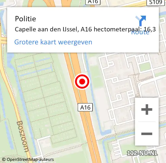 Locatie op kaart van de 112 melding: Politie Capelle aan den IJssel, A16 hectometerpaal: 16,3 op 25 januari 2023 05:56