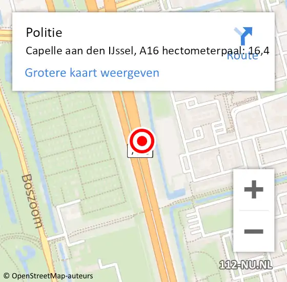 Locatie op kaart van de 112 melding: Politie Capelle aan den IJssel, A16 hectometerpaal: 16,4 op 25 januari 2023 06:00