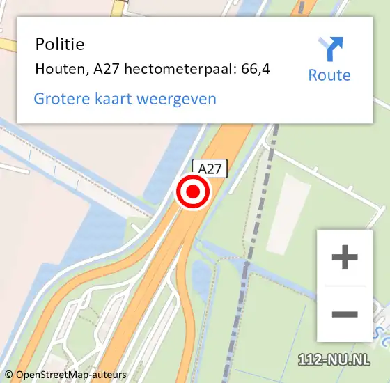 Locatie op kaart van de 112 melding: Politie Houten, A27 hectometerpaal: 66,4 op 25 januari 2023 08:11