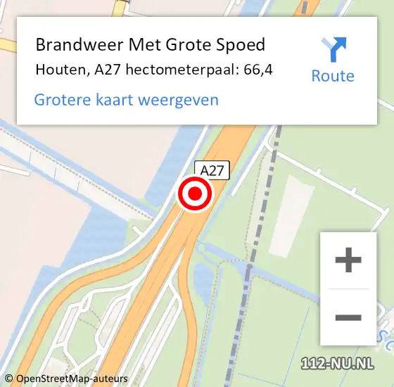 Locatie op kaart van de 112 melding: Brandweer Met Grote Spoed Naar Houten, A27 hectometerpaal: 66,4 op 25 januari 2023 08:11