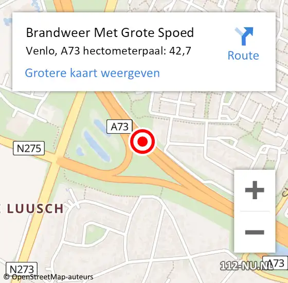 Locatie op kaart van de 112 melding: Brandweer Met Grote Spoed Naar Venlo, A73 hectometerpaal: 42,7 op 25 januari 2023 08:25