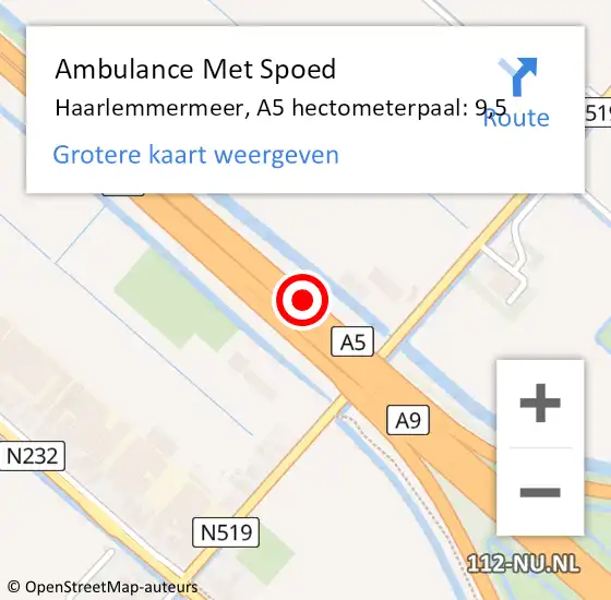 Locatie op kaart van de 112 melding: Ambulance Met Spoed Naar Haarlemmermeer, A5 hectometerpaal: 9,5 op 25 januari 2023 08:49