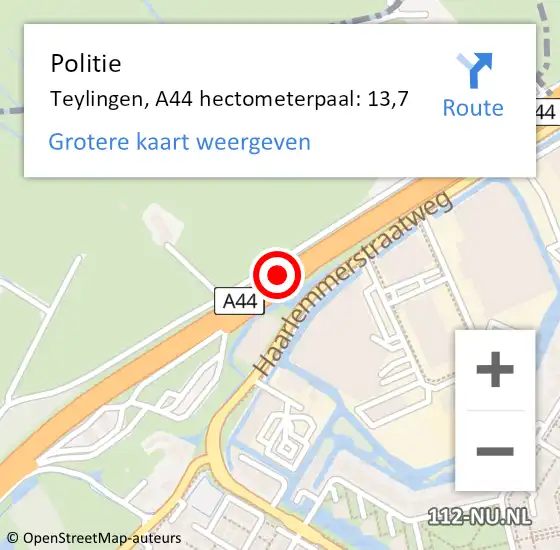 Locatie op kaart van de 112 melding: Politie Teylingen, A44 hectometerpaal: 13,7 op 25 januari 2023 12:16