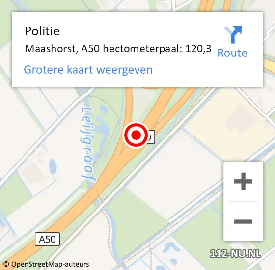 Locatie op kaart van de 112 melding: Politie Maashorst, A50 hectometerpaal: 120,3 op 25 januari 2023 12:50