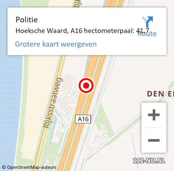 Locatie op kaart van de 112 melding: Politie Hoeksche Waard, A16 hectometerpaal: 41,7 op 25 januari 2023 12:58