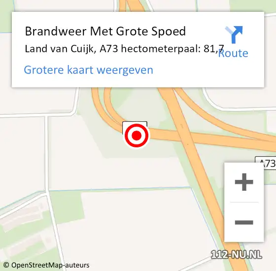 Locatie op kaart van de 112 melding: Brandweer Met Grote Spoed Naar Land van Cuijk, A73 hectometerpaal: 81,7 op 25 januari 2023 13:52