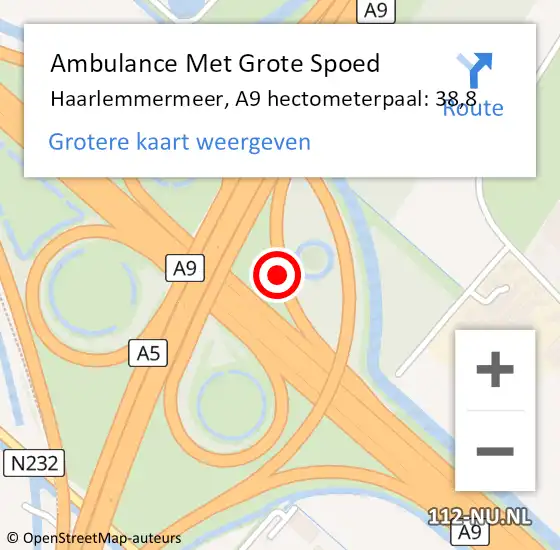 Locatie op kaart van de 112 melding: Ambulance Met Grote Spoed Naar Haarlemmermeer, A9 hectometerpaal: 38,8 op 25 januari 2023 17:51