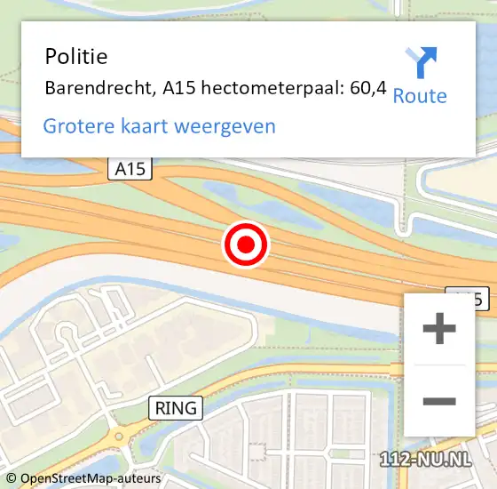 Locatie op kaart van de 112 melding: Politie Barendrecht, A15 hectometerpaal: 60,4 op 25 januari 2023 19:07