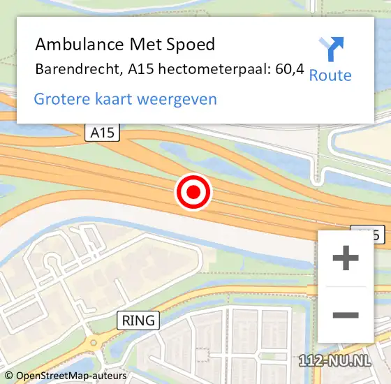 Locatie op kaart van de 112 melding: Ambulance Met Spoed Naar Barendrecht, A15 hectometerpaal: 60,4 op 25 januari 2023 19:10