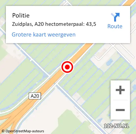 Locatie op kaart van de 112 melding: Politie Zuidplas, A20 hectometerpaal: 43,5 op 25 januari 2023 19:33