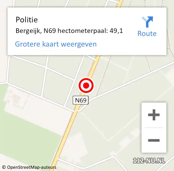 Locatie op kaart van de 112 melding: Politie Bergeijk, N69 hectometerpaal: 49,1 op 25 januari 2023 19:44