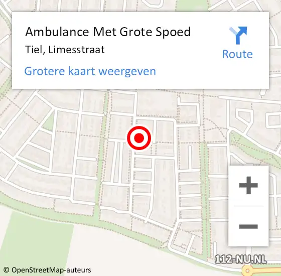 Locatie op kaart van de 112 melding: Ambulance Met Grote Spoed Naar Tiel, Limesstraat op 25 januari 2023 20:32
