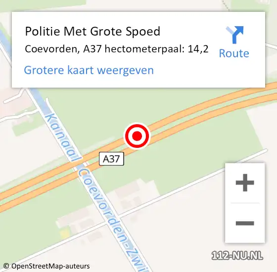 Locatie op kaart van de 112 melding: Politie Met Grote Spoed Naar Coevorden, A37 hectometerpaal: 14,2 op 25 januari 2023 22:16