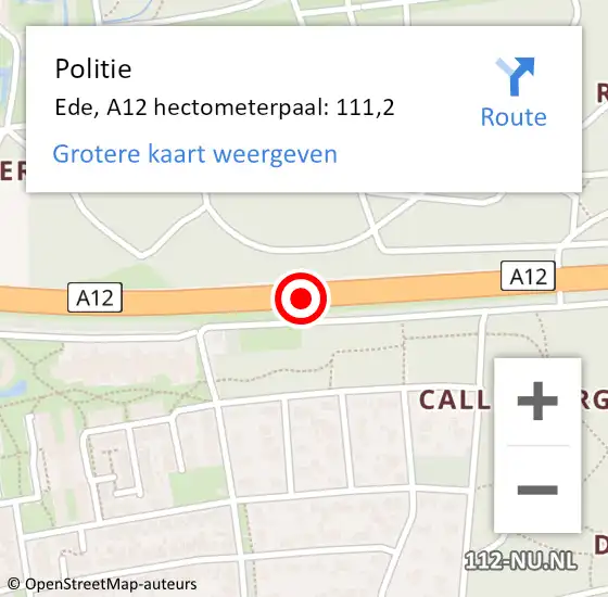 Locatie op kaart van de 112 melding: Politie Ede, A12 hectometerpaal: 111,2 op 25 januari 2023 22:39