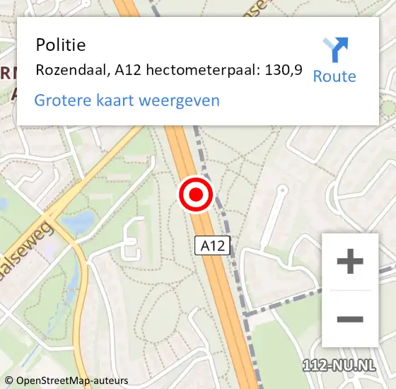 Locatie op kaart van de 112 melding: Politie Rozendaal, A12 hectometerpaal: 130,9 op 25 januari 2023 23:11