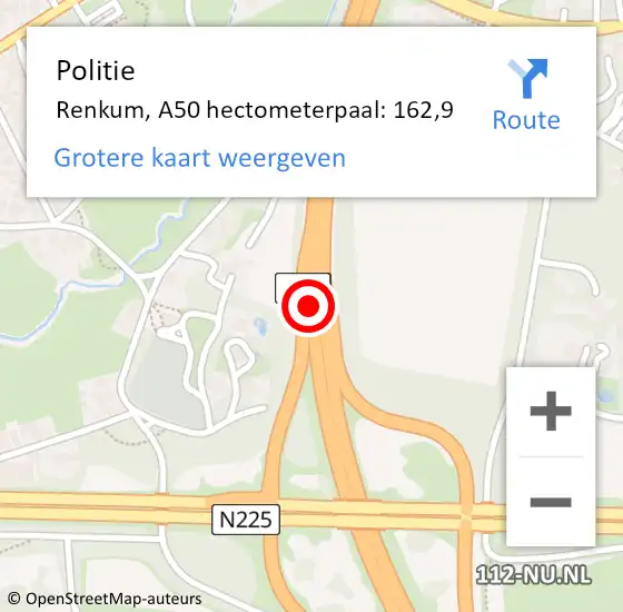 Locatie op kaart van de 112 melding: Politie Renkum, A50 hectometerpaal: 162,9 op 25 januari 2023 23:24