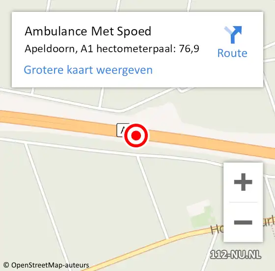 Locatie op kaart van de 112 melding: Ambulance Met Spoed Naar Apeldoorn, A1 hectometerpaal: 76,9 op 25 januari 2023 23:29