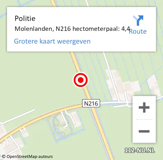 Locatie op kaart van de 112 melding: Politie Molenlanden, N216 hectometerpaal: 4,4 op 25 januari 2023 23:50
