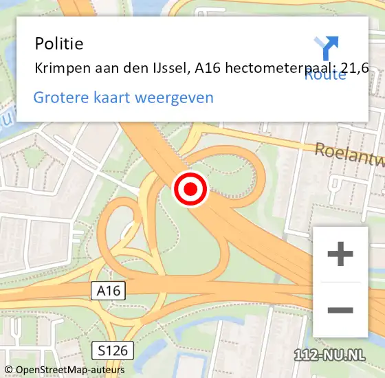 Locatie op kaart van de 112 melding: Politie Krimpen aan den IJssel, A16 hectometerpaal: 21,6 op 25 januari 2023 23:53
