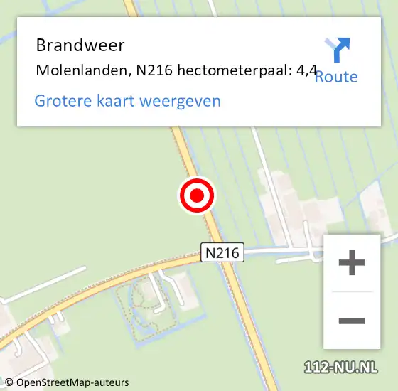 Locatie op kaart van de 112 melding: Brandweer Molenlanden, N216 hectometerpaal: 4,4 op 25 januari 2023 23:56