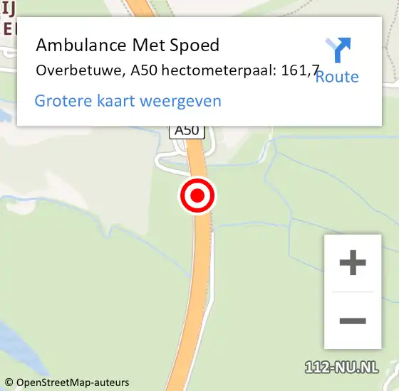 Locatie op kaart van de 112 melding: Ambulance Met Spoed Naar Overbetuwe, A50 hectometerpaal: 161,7 op 26 januari 2023 00:31